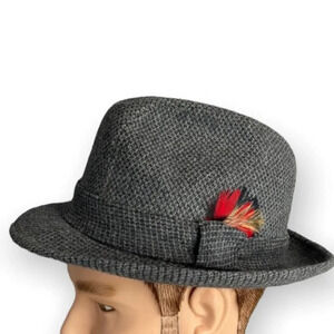 VINTAGE Union Made Mens Wool Feather Dimpled Fedora Grey Tweed Lined 6 3/4
